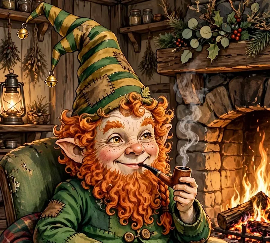 Rumple relaxing by the fireside with stacks of gold coins