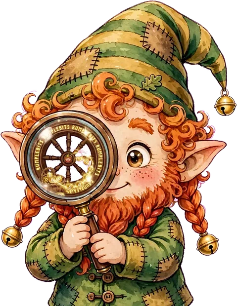 Rumple inspecting a RumpleBits coin through his magnifying glass